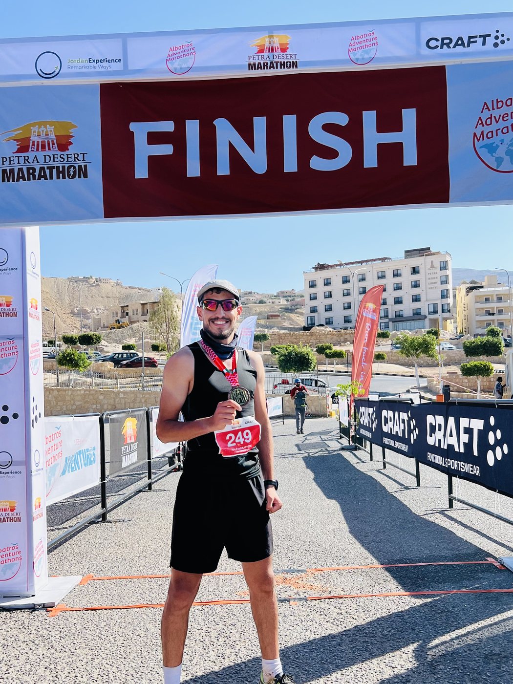Fuad Abu Safi at the Petra Desert Marathon finish arch